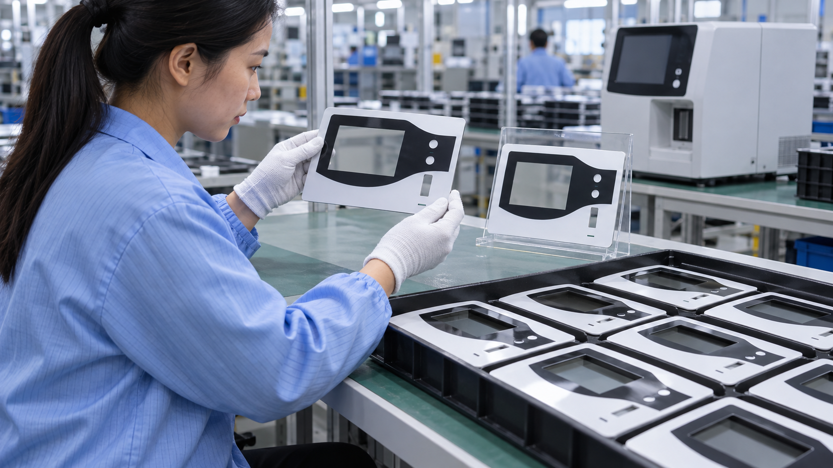 Asian quality technician comparing flat UV-printed plastic components with an approved first-off sample
