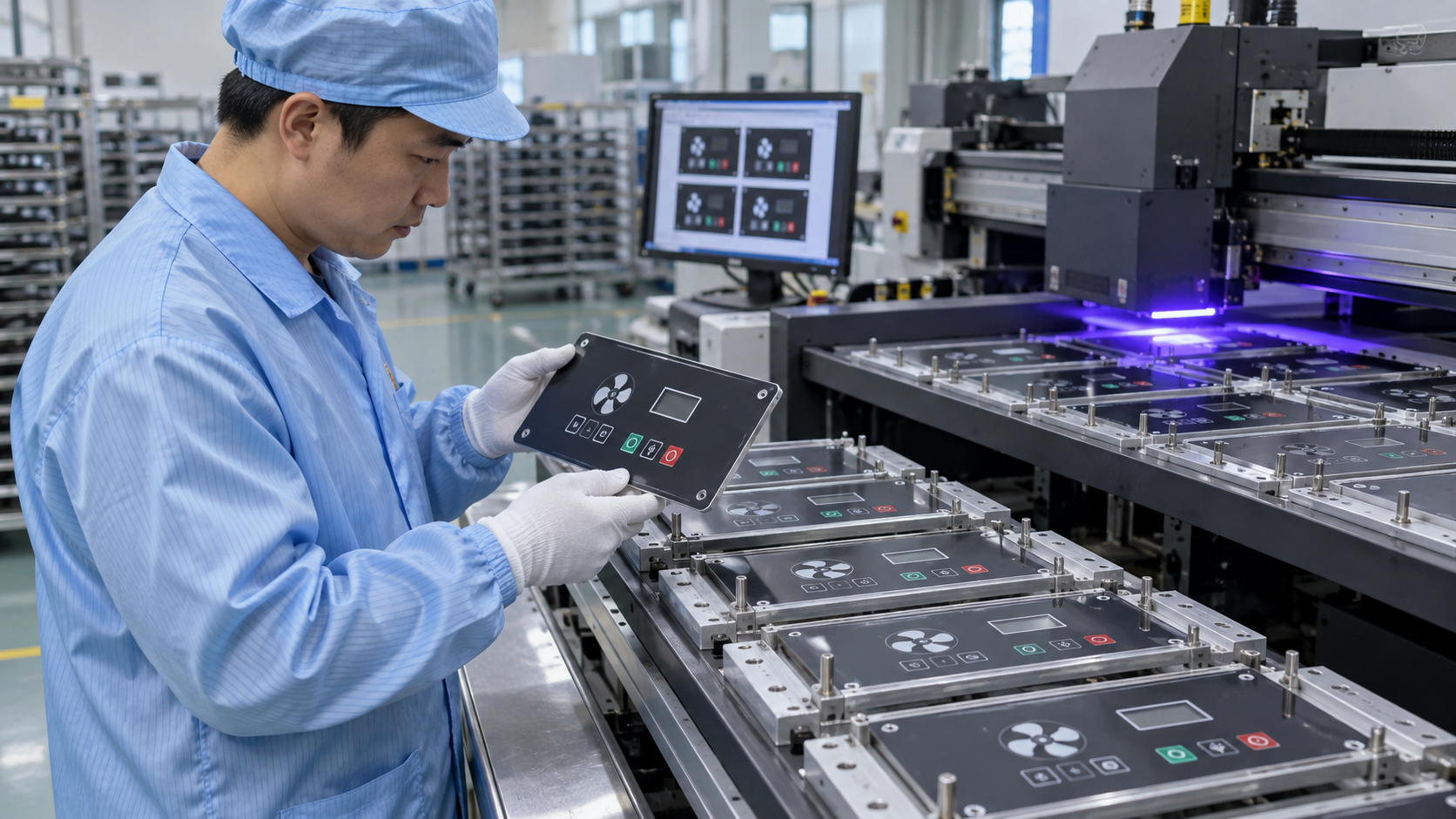 Asian factory technician reviewing batches of flat cleanroom air-shower control panels, controlled-environment equipment fascias and interface covers during a direct-to-object UV printing workflow