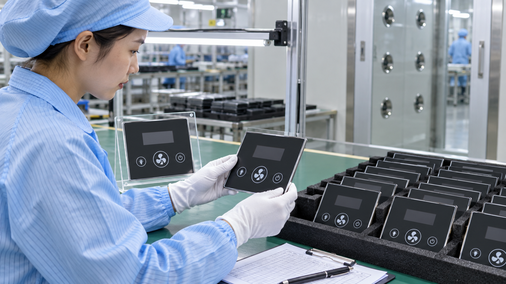 Asian quality technician comparing flat UV-printed plastic components with an approved first-off sample