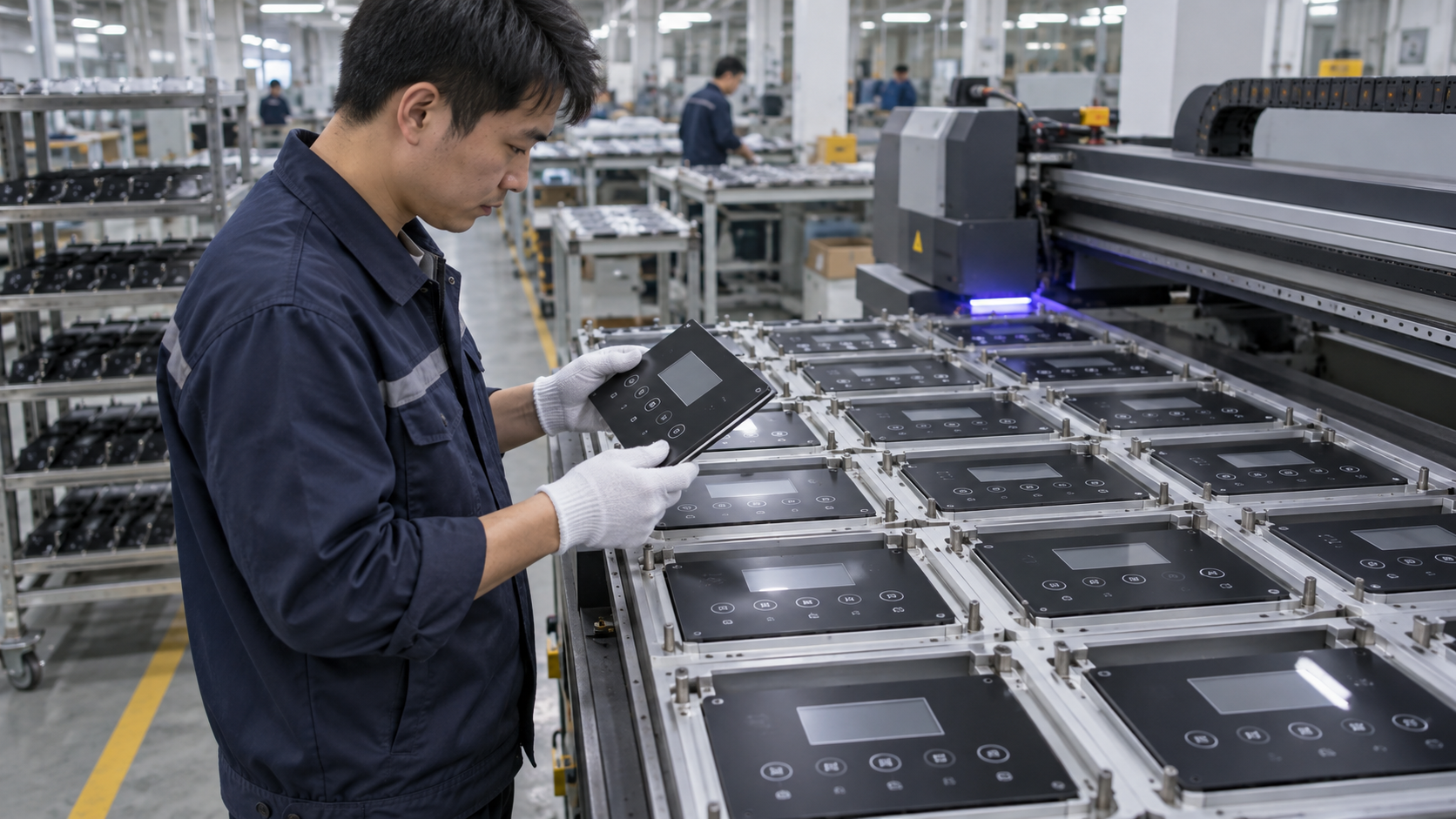 Asian factory technician reviewing batches of flat commercial ice-machine control panels, foodservice equipment fascias and interface covers during a direct-to-object UV printing workflow