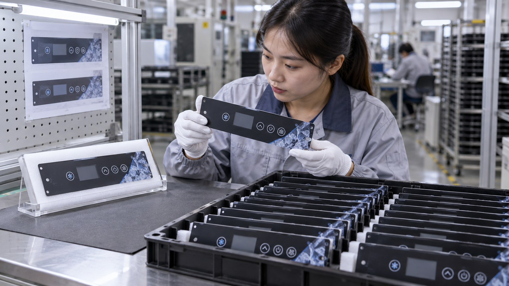 Asian quality technician comparing flat UV-printed plastic components with an approved first-off sample