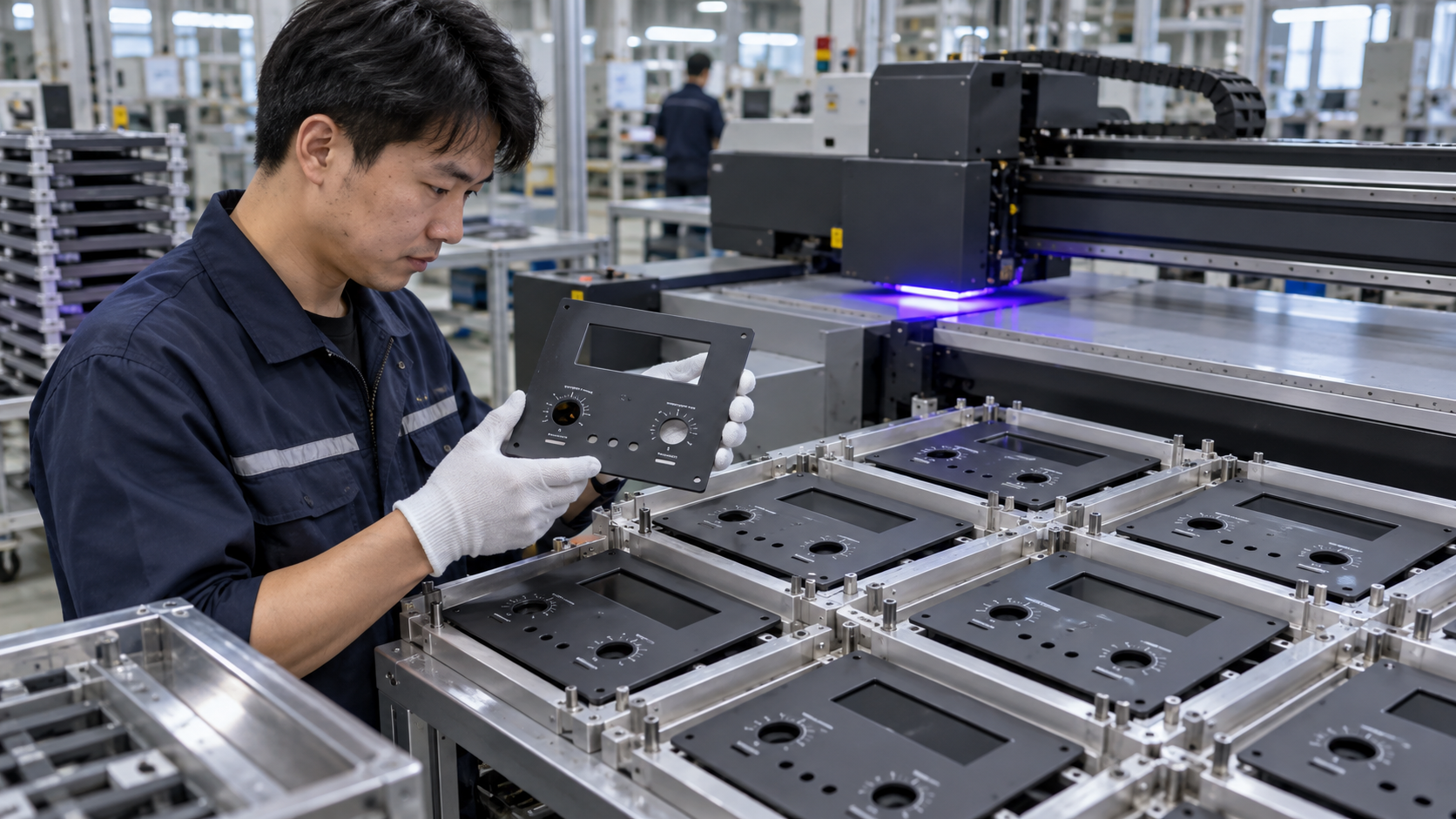 Asian factory technician reviewing batches of flat electronics-rework-station panels, bench-equipment fascias and operator-interface covers during a direct-to-object UV printing workflow