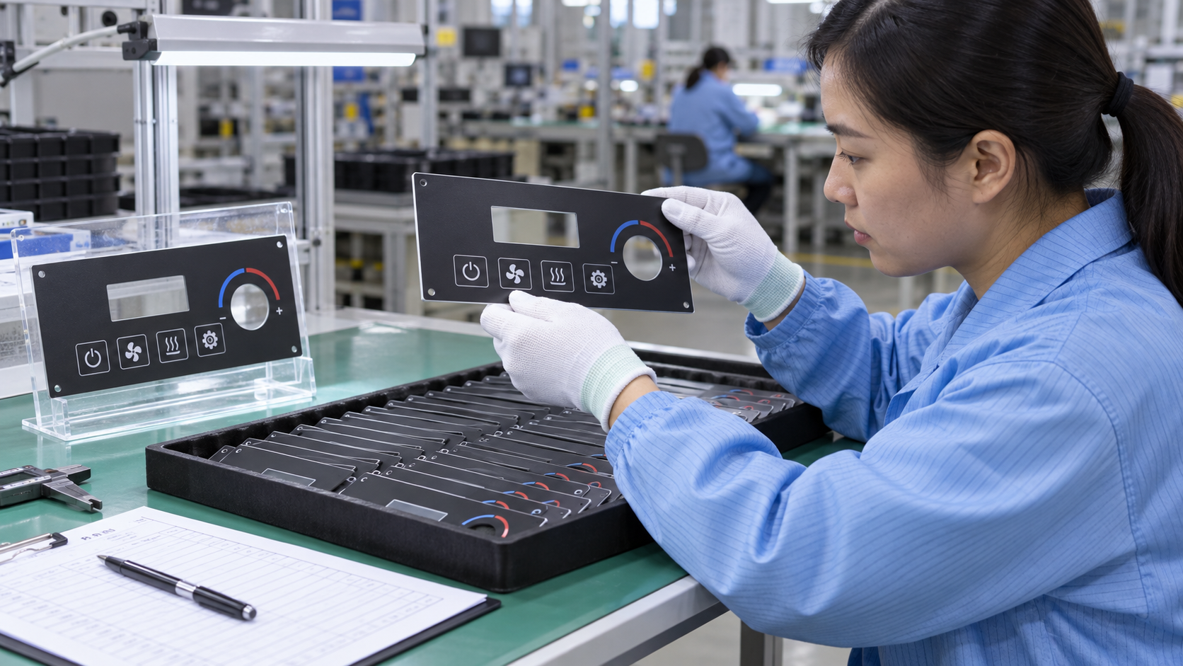 Asian quality technician comparing flat UV-printed plastic components with an approved first-off sample