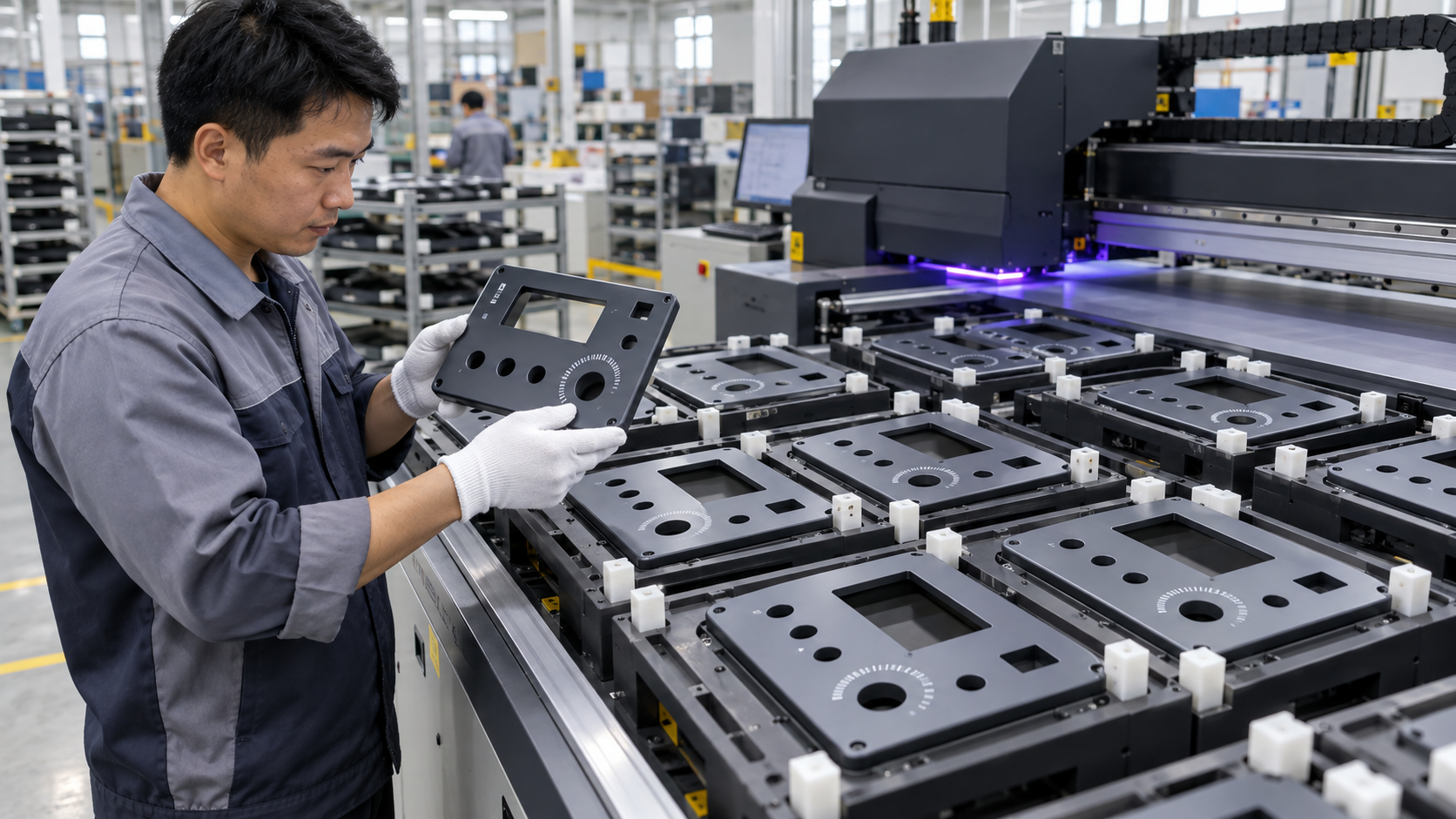 Asian factory technician reviewing batches of flat industrial-welding machine panels, equipment fascias and operator-interface covers during a direct-to-object UV printing workflow