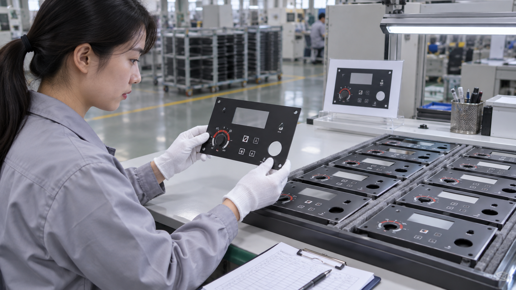 Asian quality technician comparing flat UV-printed plastic components with an approved first-off sample
