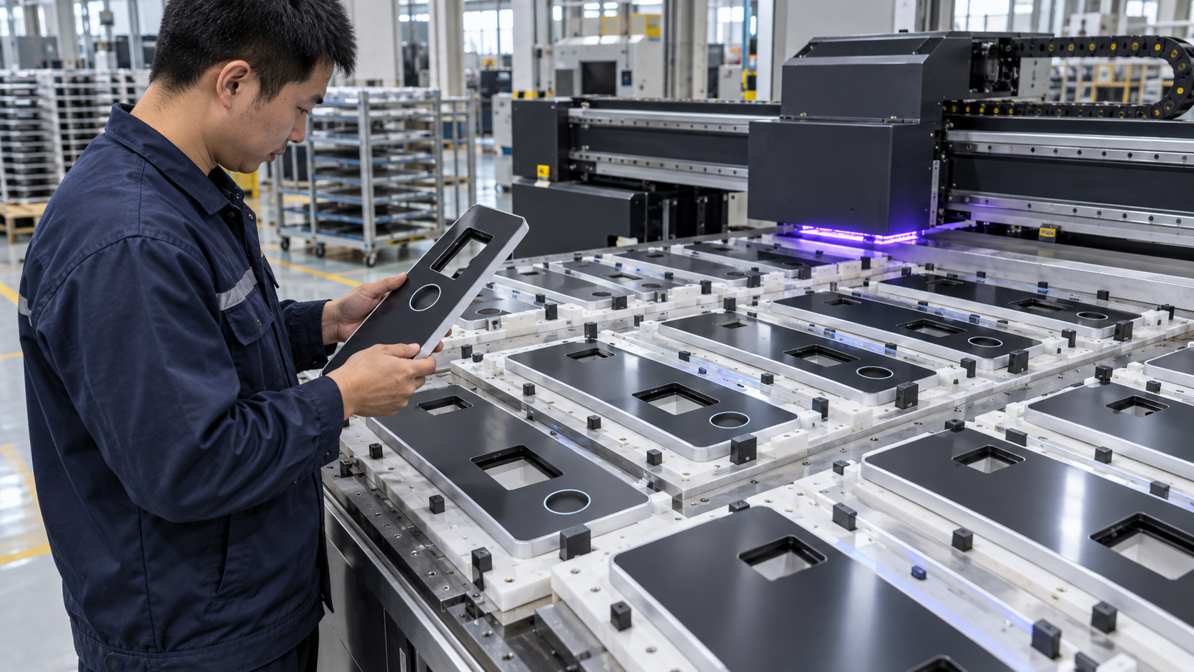 Asian factory technician reviewing batches of flat turnstile access-control panels, entry-system fascias and device interface covers during a direct-to-object UV printing workflow