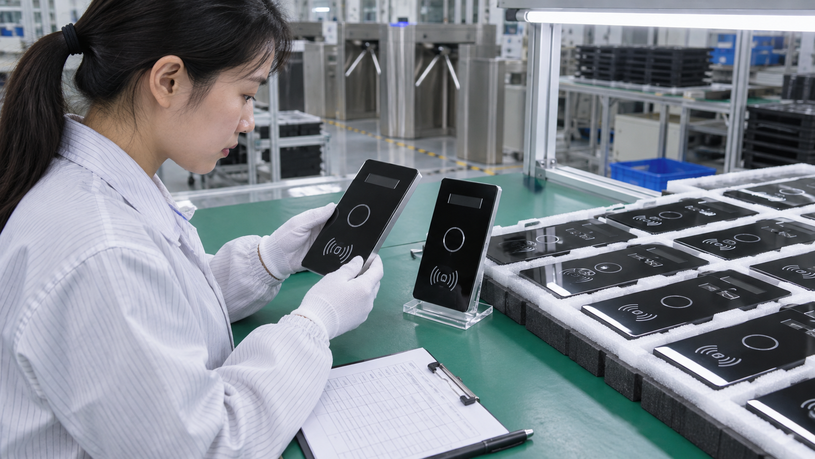 Asian quality technician comparing flat UV-printed plastic components with an approved first-off sample