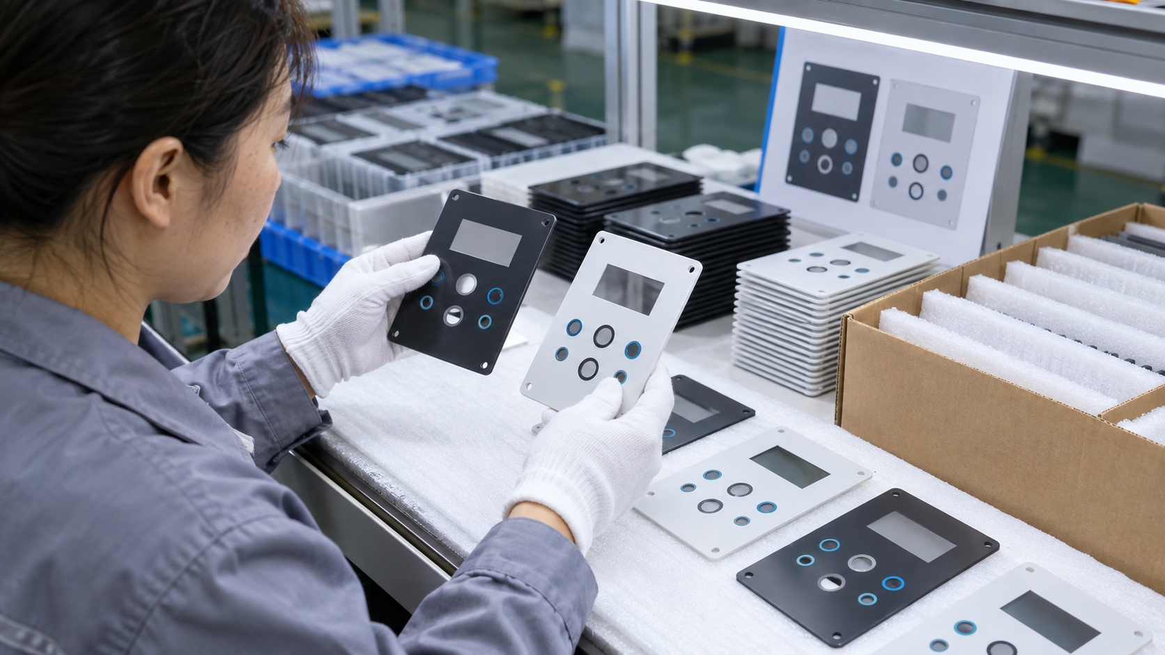 Asian quality inspector comparing flat UV printed plastic panels and retained samples during shipment inspection