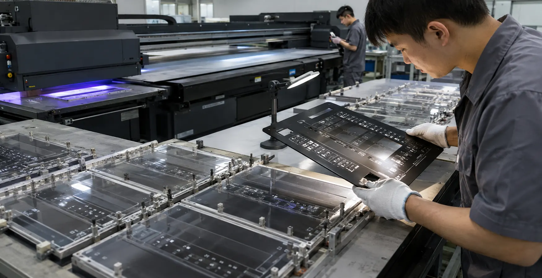 Asian factory team reviewing flat UV-printed acrylic paint kit cases and palettes components in production fixtures