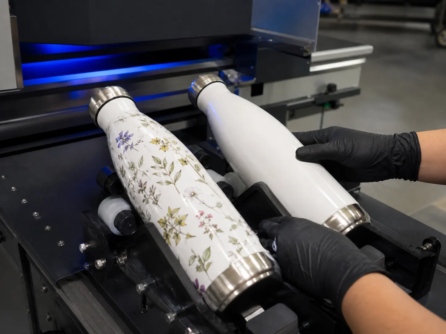 Two insulated water bottles positioned on a printing jig by gloved factory hands