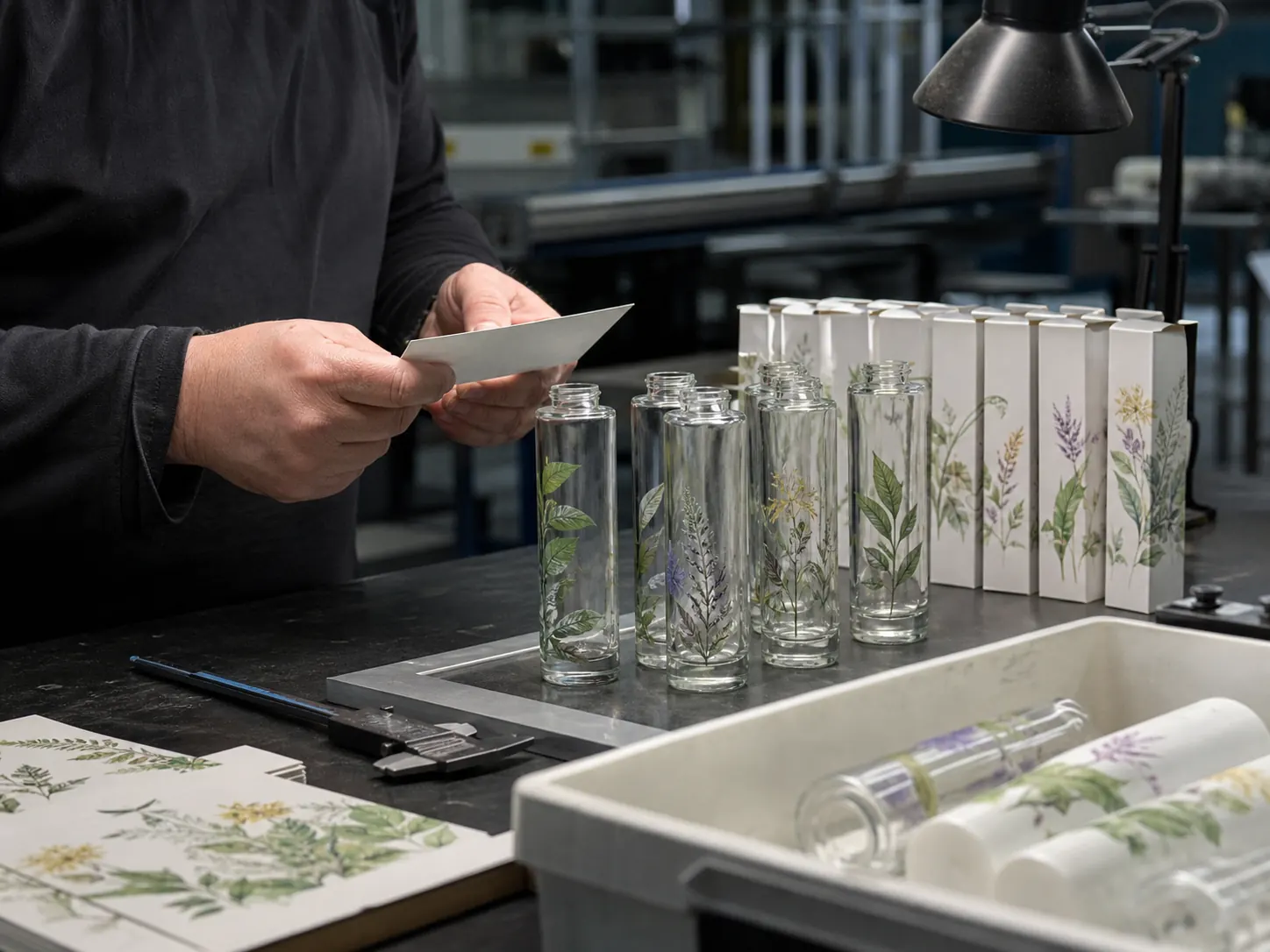 Glass bottles and folding cartons inspected on a factory workbench