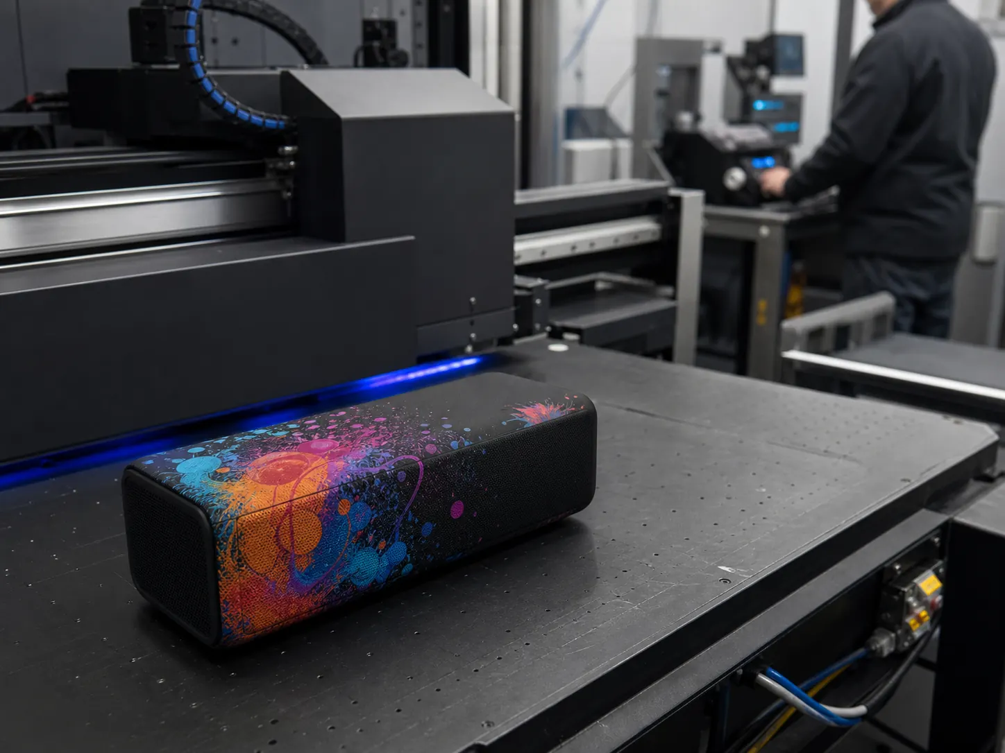 Printed portable speaker on a UV printer platen in a real factory