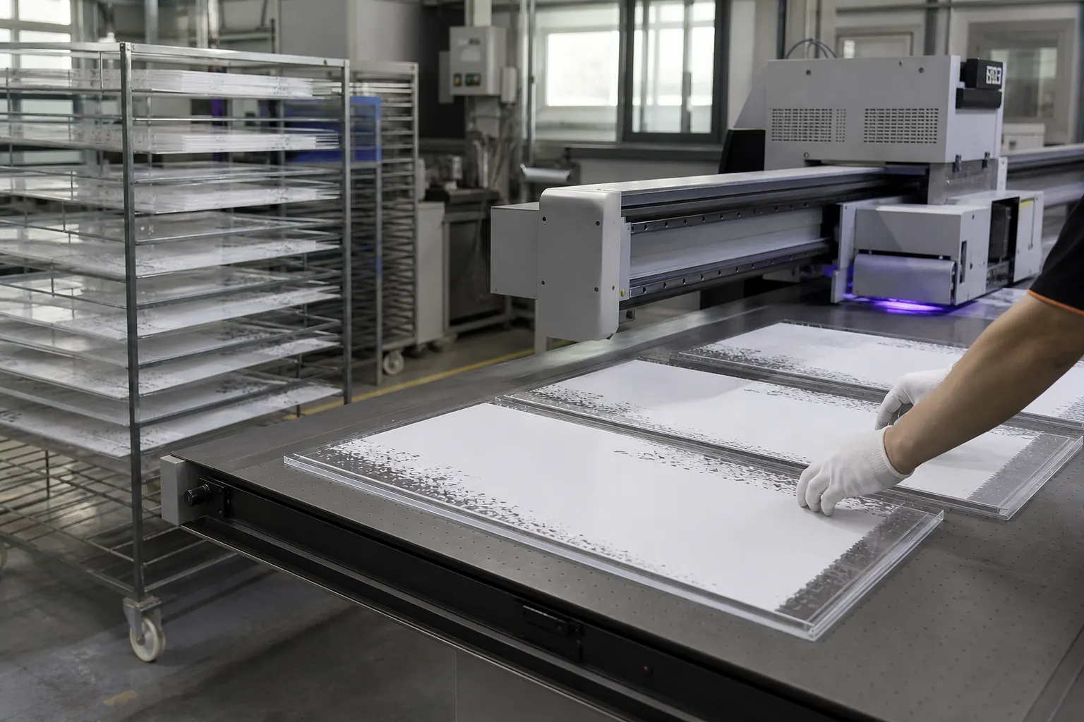 Asian factory technician preparing flat acrylic and plastic parts for production review