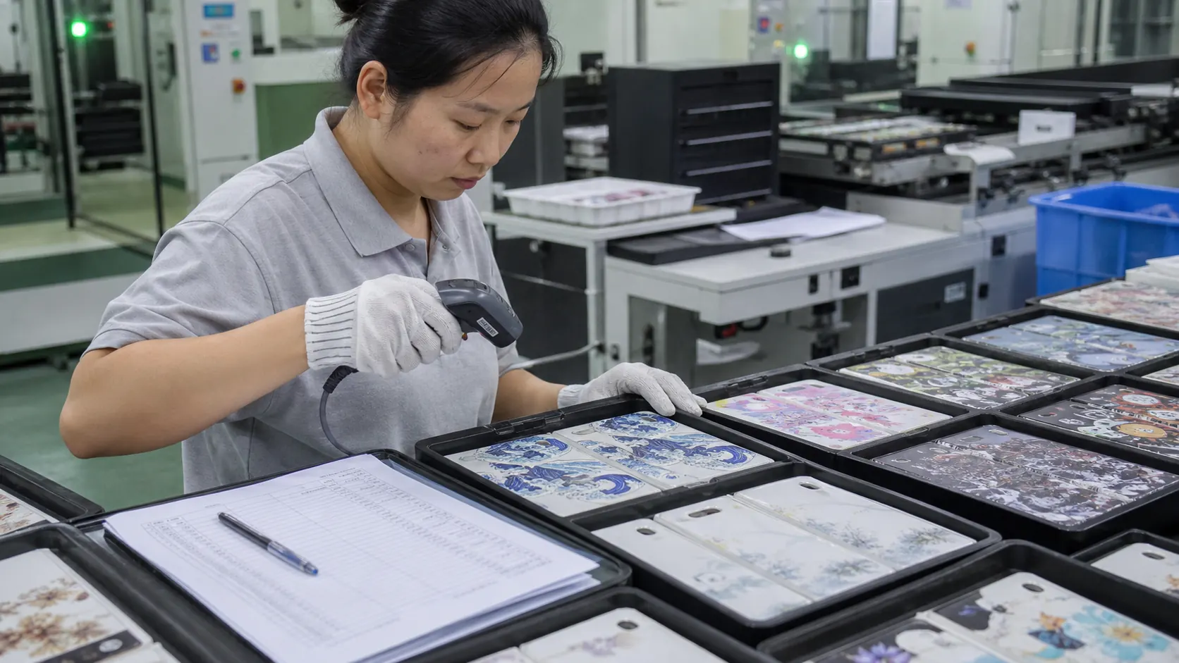Asian quality technician checking batches of flat printed plastic housings