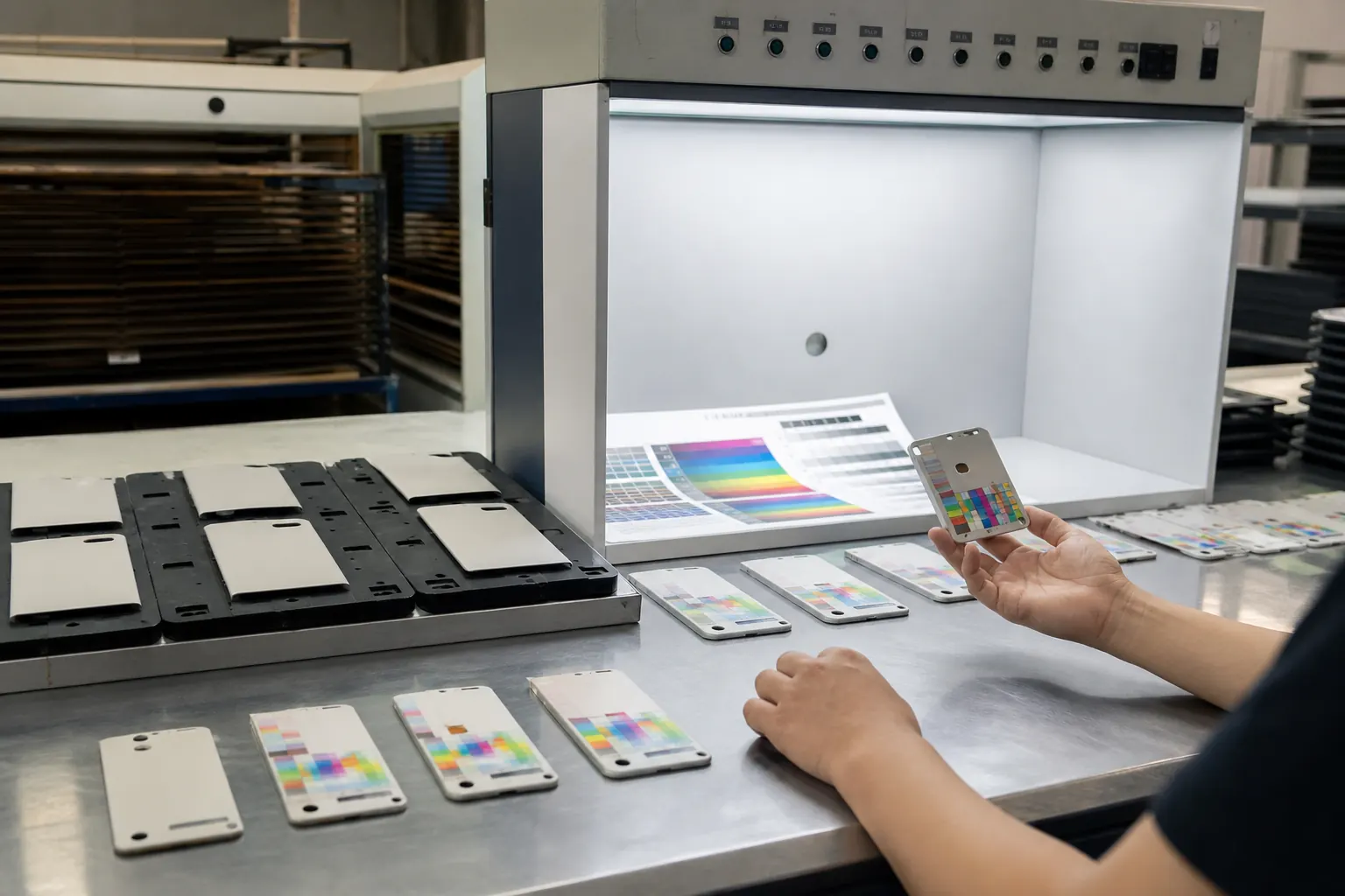 Factory quality-control station reviewing batches of flat UV printed plastic parts