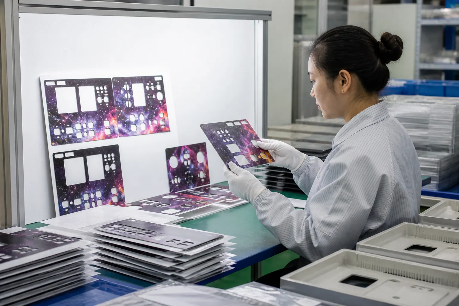 Asian quality engineer checking printed electronic enclosure panels at a factory quality-control station