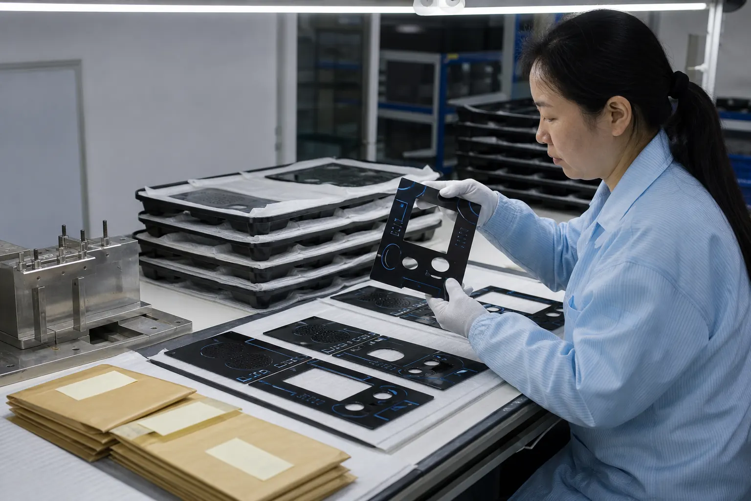 Asian quality supervisor comparing flat printed electronic panels with retained sample references