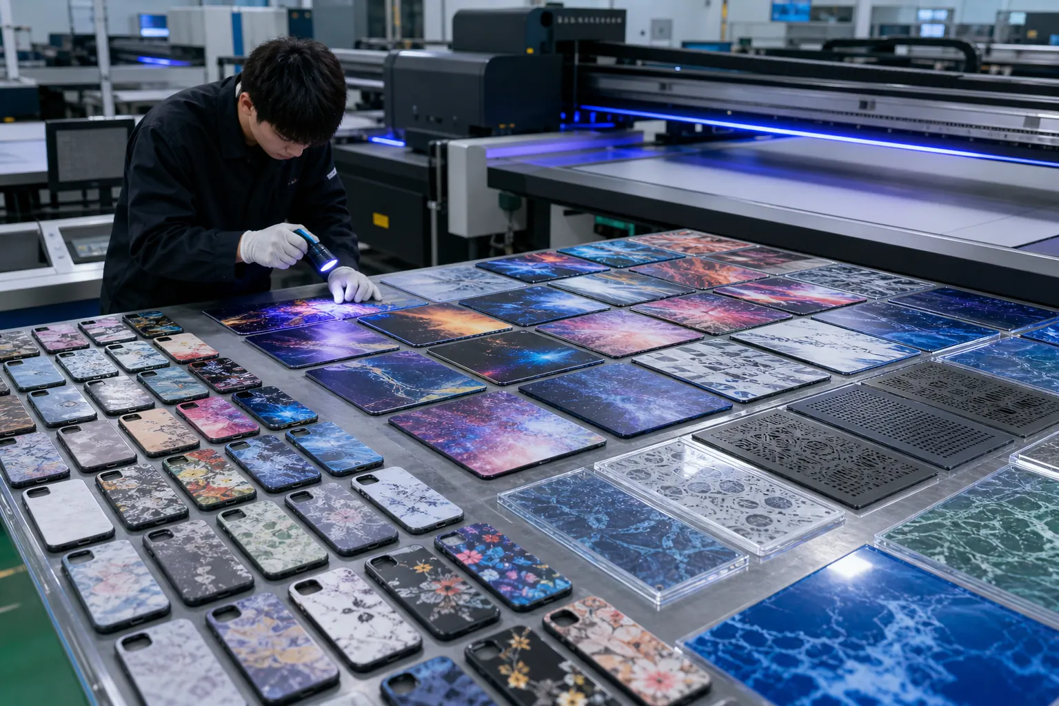 Factory technician inspecting batches of flat UV-printed plastic components
