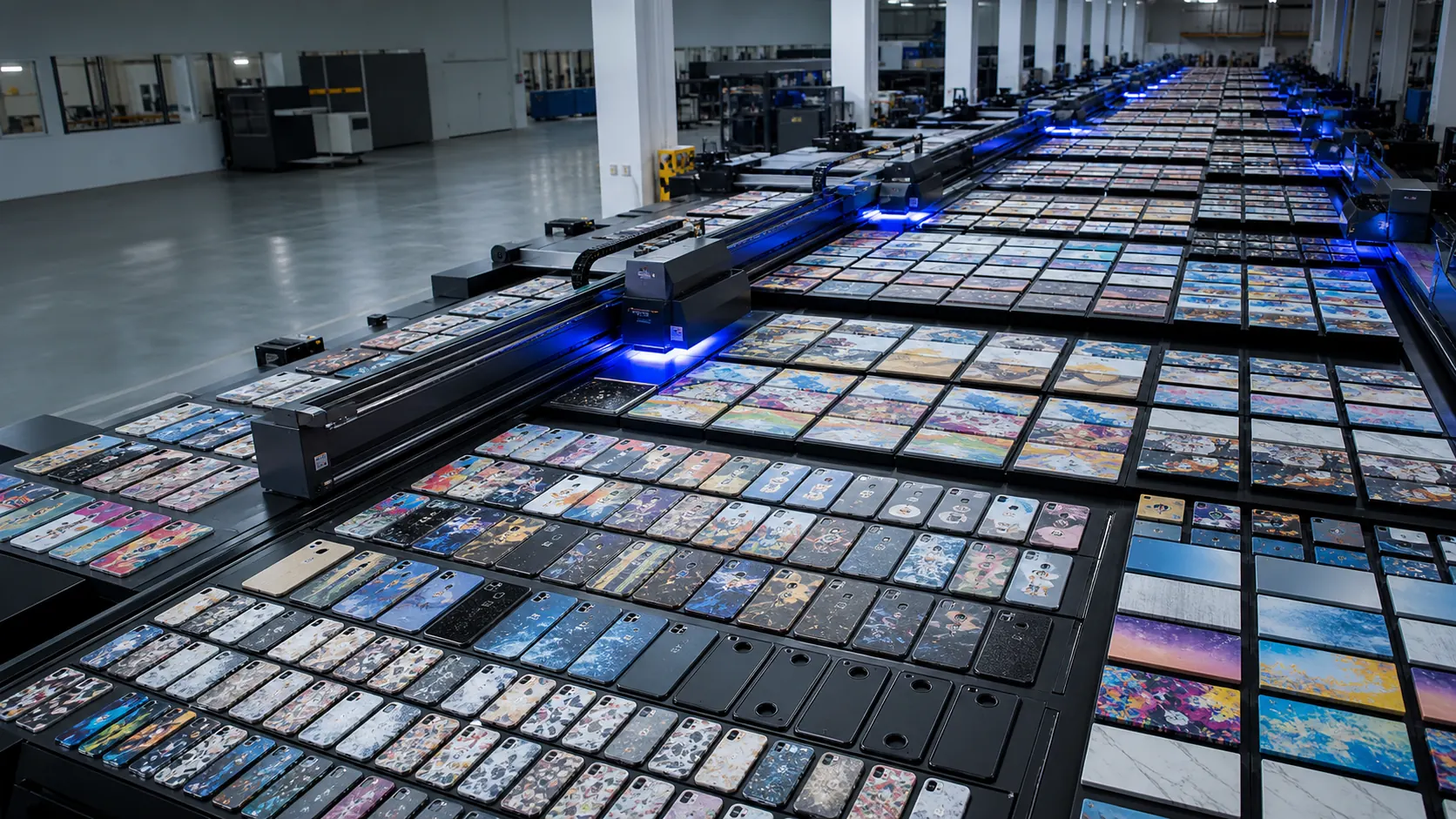 Rows of flat printed plastic cases and panels in a direct-to-object UV printing factory
