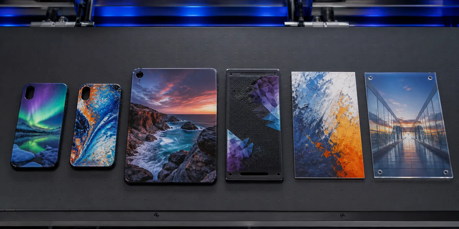 Rows of flat hard-plastic phone cases, tablet shells, speaker panels and display boards